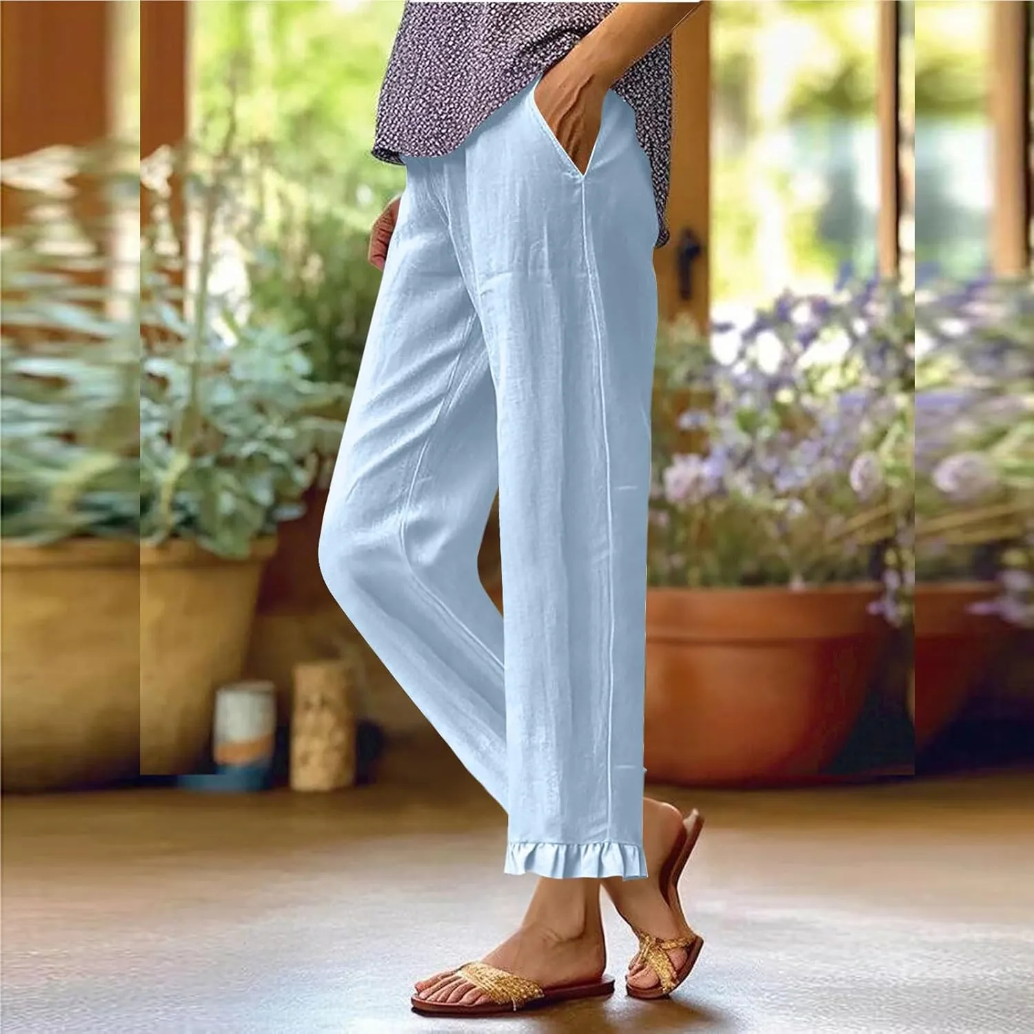 Linen Capri Pants for Women Ruffle Hem Drawstring Wide Leg Trousers Summer Casual Capris Beach Clothes with Pockets