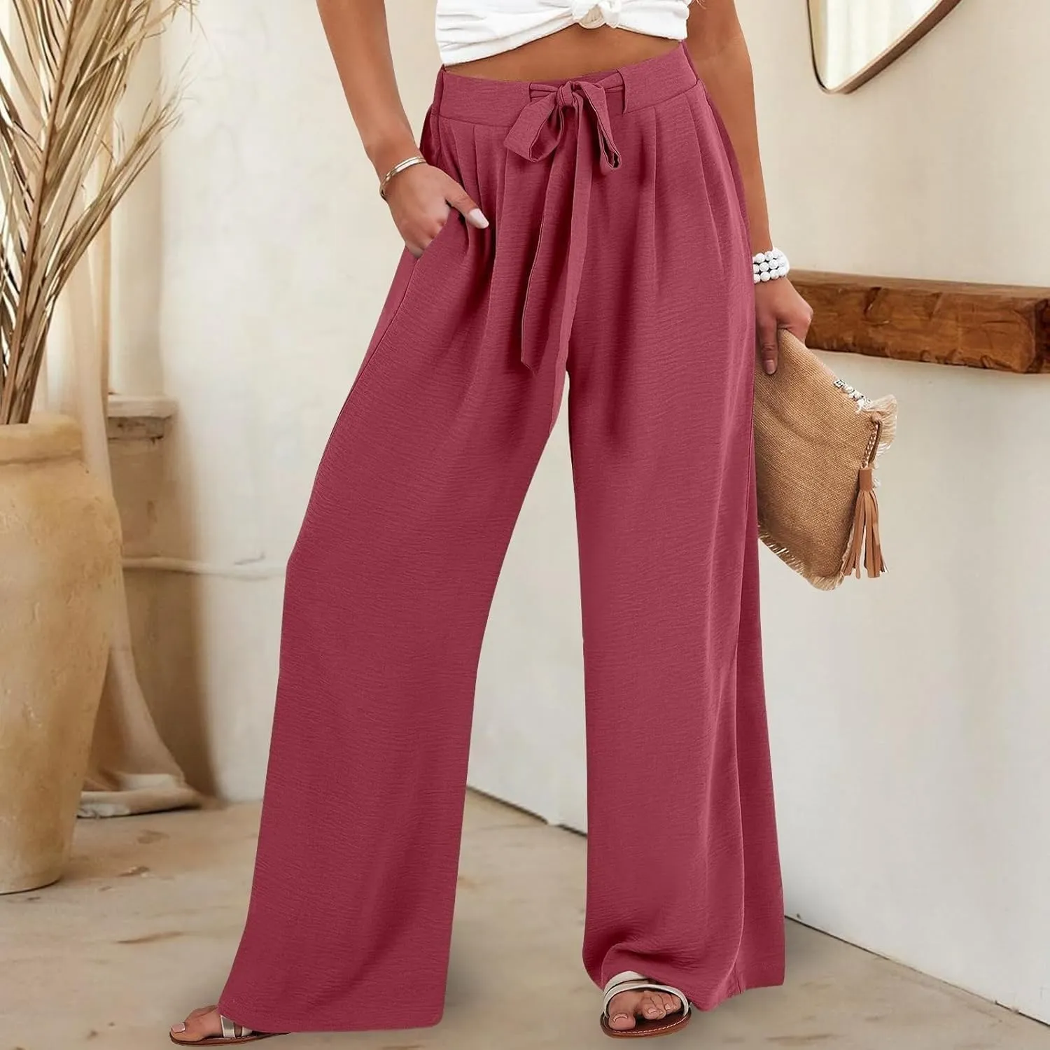 Linen Pants Women Wide Leg High Waist Casual Loose Pants Summer Beach Palazzo Flowly Drawstring Trousers with Pockets