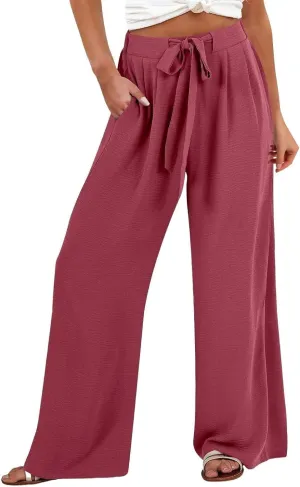 Linen Pants Women Wide Leg High Waist Casual Loose Pants Summer Beach Palazzo Flowly Drawstring Trousers with Pockets