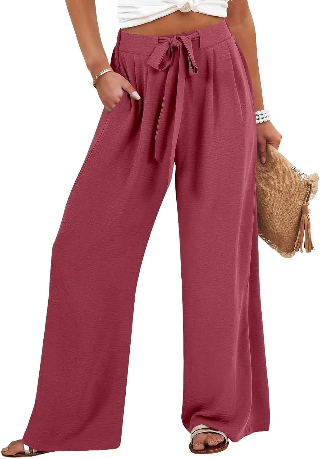 Linen Pants Women Wide Leg High Waist Casual Loose Pants Summer Beach Palazzo Flowly Drawstring Trousers with Pockets