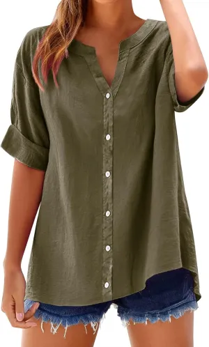 Linen Shirts for Women Summer Boho Short Tops Elbow Sleeve Button Dress Shirt Plus Size Casual Vneck Loose Work Shirt