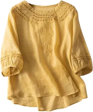 Linen Shirts for Women Summer Flowy Embroidered Cotton Peasant Top 2025 Elbow Sleeve Cute Boho Tunic Dressy Shirt