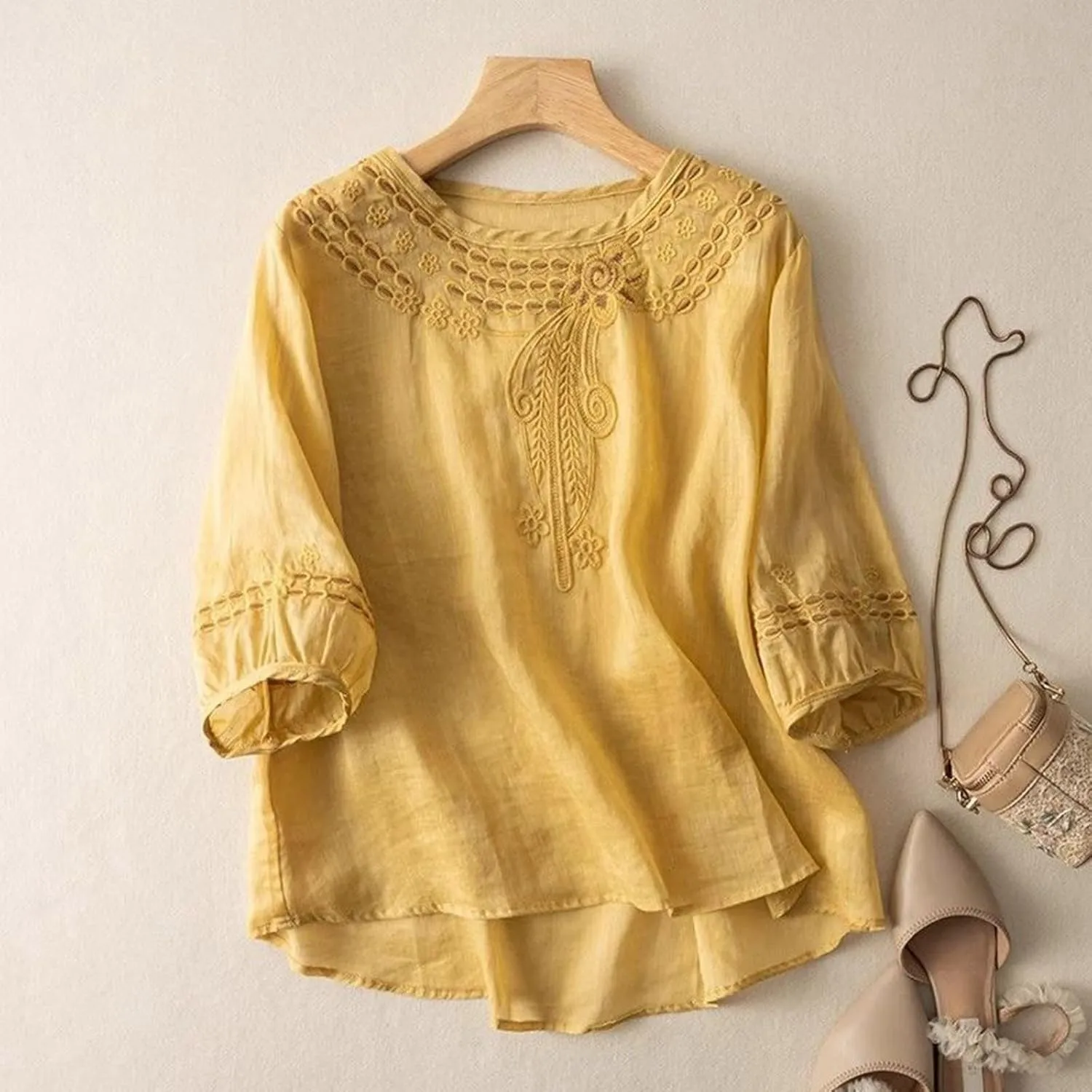 Linen Shirts for Women Summer Flowy Embroidered Cotton Peasant Top 2025 Elbow Sleeve Cute Boho Tunic Dressy Shirt
