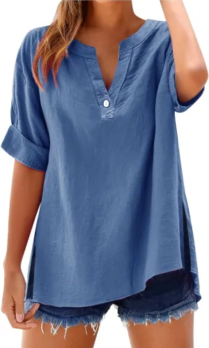Linen Shirts for Womens Cotton Button Down Tops Summer Trendy Short Sleeve Roll Up Loose Fit V-Neck Casual Work Blouse