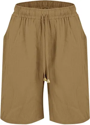 Linen Shorts for Womens High Waisted Drawstring Bermuda Shorts Summer Casual Plus Size Soft Beach Short with Pockets