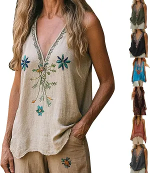 Linen Tops for Women Summer Loose Fit Plus Size 2025 Trendy Embroidered Boho Tank Top V Neck Sleeveless Beach Shirts