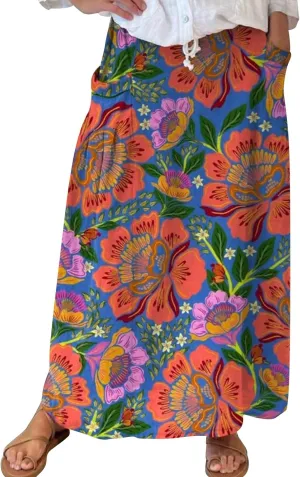 Maxi Skirts for Women Floral Print Elastic Waist Bohemian Hippie Long Skirt Vintage Boho Beach Skirts with Pockets