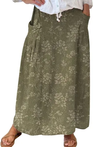 Maxi Skirts for Women Floral Print Elastic Waist Bohemian Hippie Long Skirt Vintage Boho Beach Skirts with Pockets