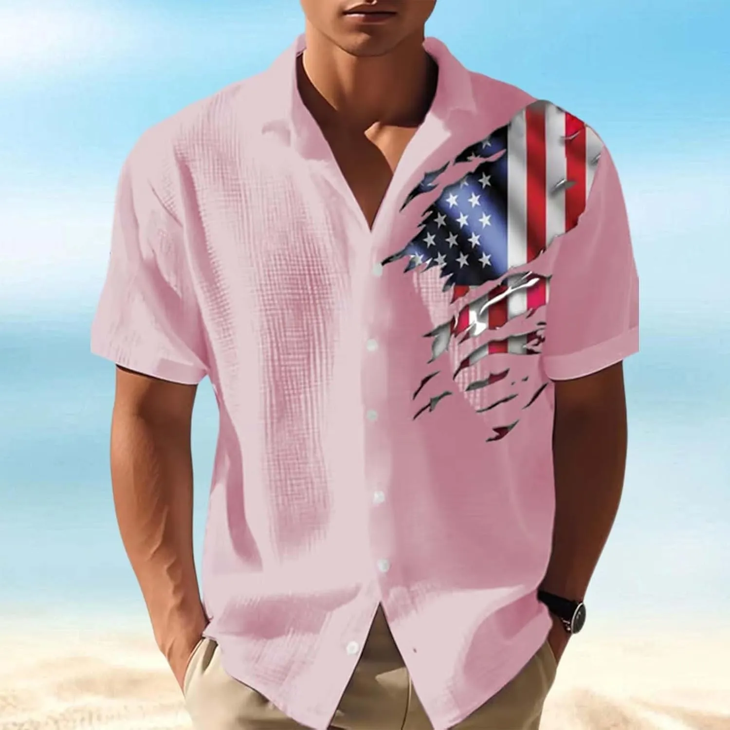 Mens American Flag Waffle Shirts Button Down Short Sleeve 4th of July Hawaiian Golf Shirts Summer Beach Vacation Wear