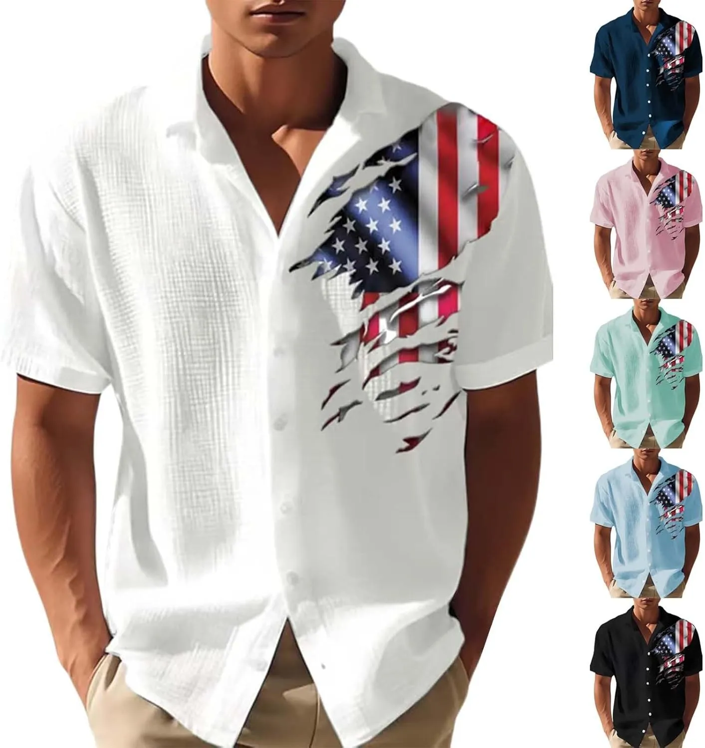 Mens American Flag Waffle Shirts Button Down Short Sleeve 4th of July Hawaiian Golf Shirts Summer Beach Vacation Wear