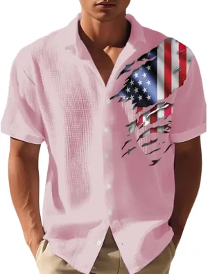 Mens American Flag Waffle Shirts Button Down Short Sleeve 4th of July Hawaiian Golf Shirts Summer Beach Vacation Wear