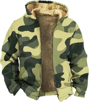 Mens Winter Camo Jacket Thickened Vintage Fashion Casual Padded Graphic Long Sleeve Warm Camo Coats