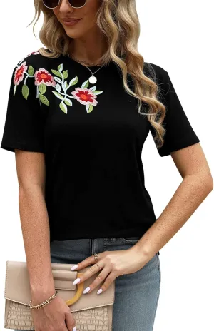 Mexican Shirts for Women Floral Embroidered Tops Short Sleeve Blouses Women's Traditional Fiesta Tees Tunic Peasant