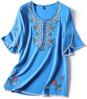 Mexican Shirts Peasant Blouses Cotton Embroidered 3/4 Sleeve Bohemian Tops Boho Clothes for Women Summer Fiesta