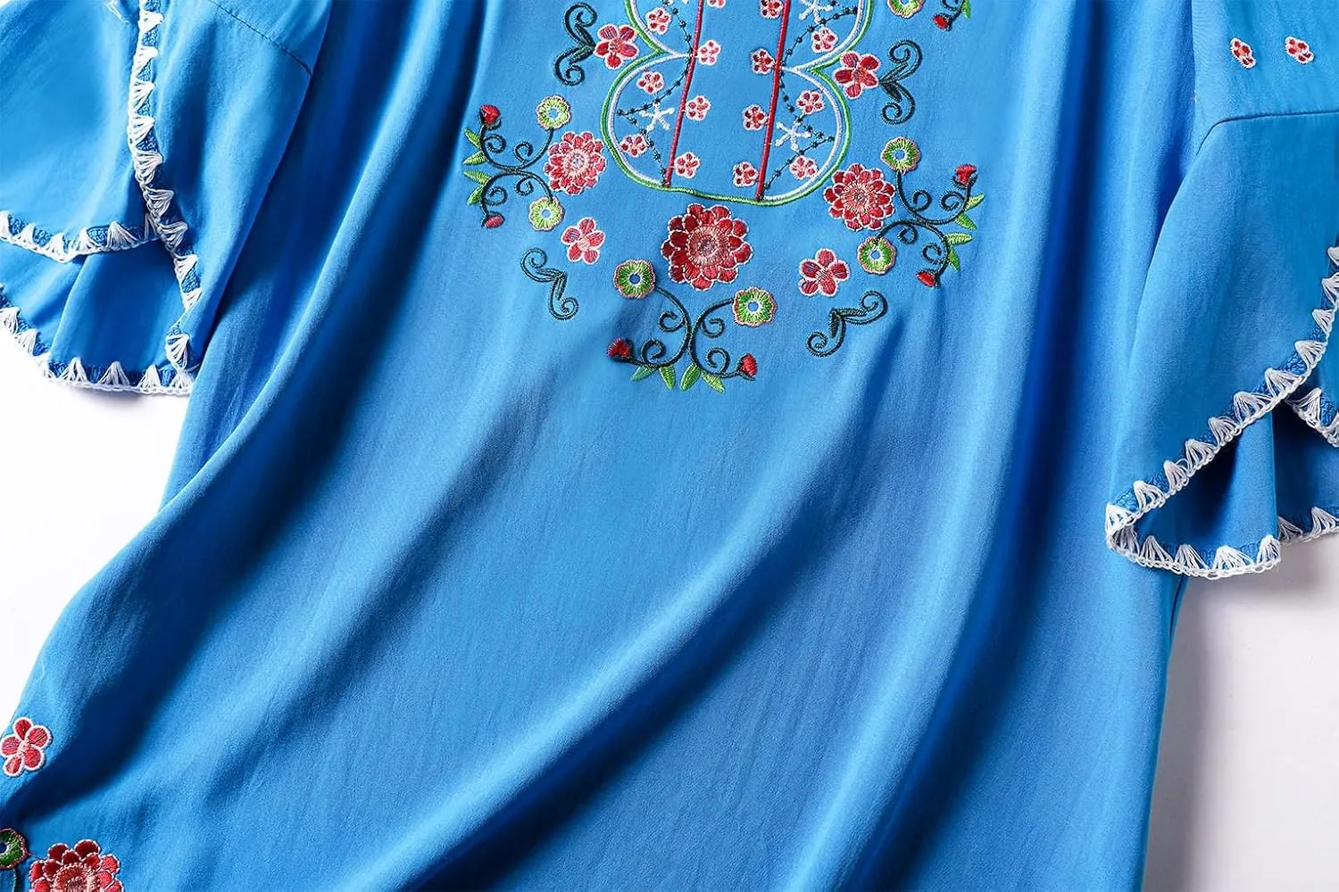Mexican Shirts Peasant Blouses Cotton Embroidered 3/4 Sleeve Bohemian Tops Boho Clothes for Women Summer Fiesta