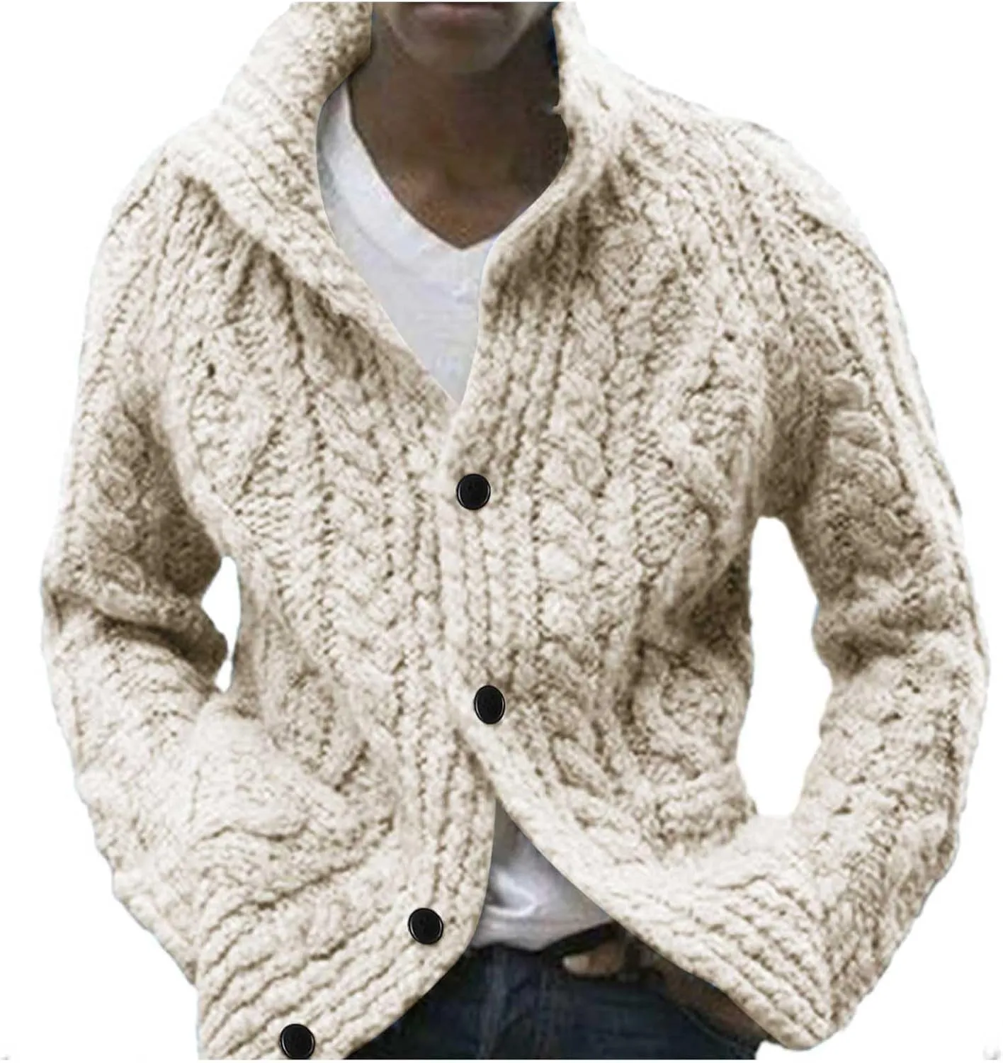 PeQAQ Mens Cardigan Sweater Cable Knit V Neck Button up Sweaters Winter Soft Warm Ribbed Cardigan Sweater Jacket with Pockets