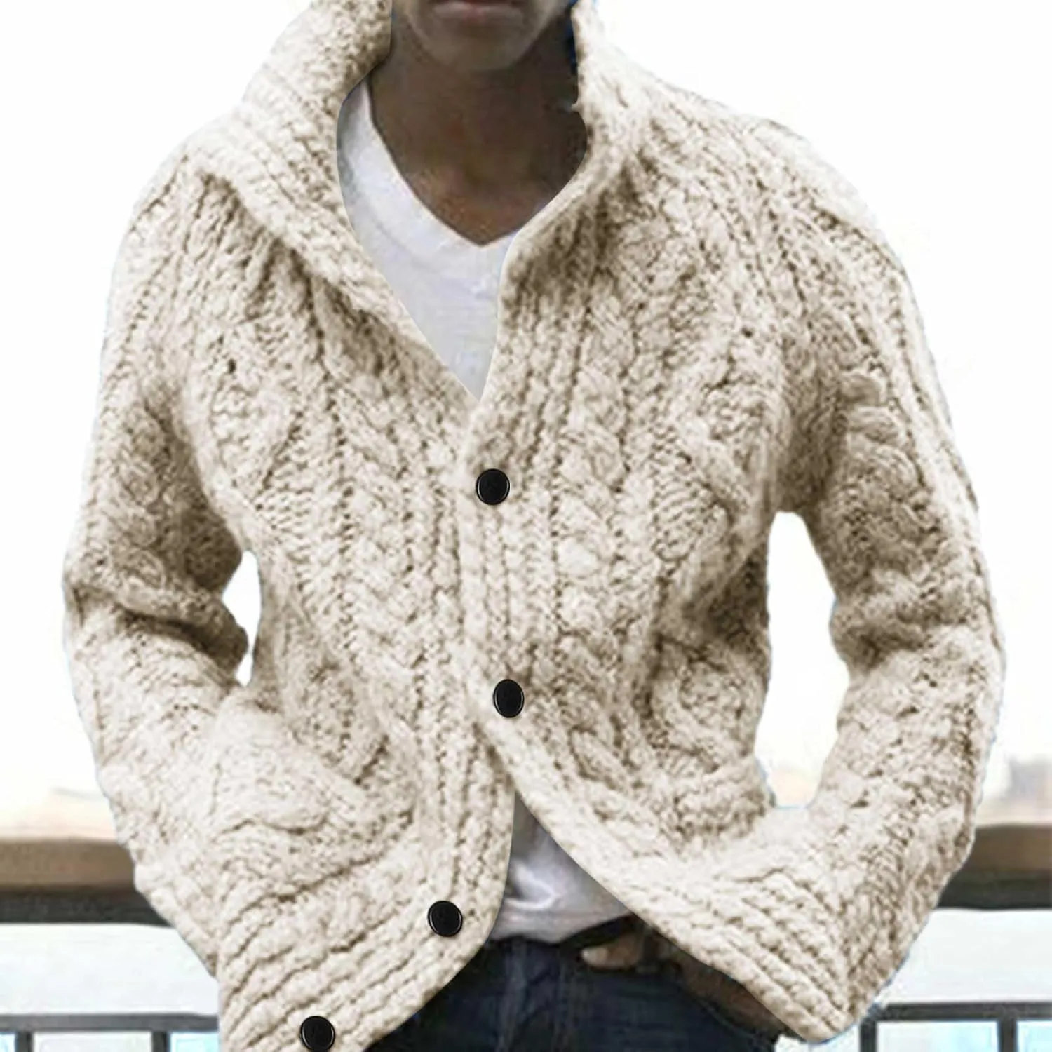 PeQAQ Mens Cardigan Sweater Cable Knit V Neck Button up Sweaters Winter Soft Warm Ribbed Cardigan Sweater Jacket with Pockets