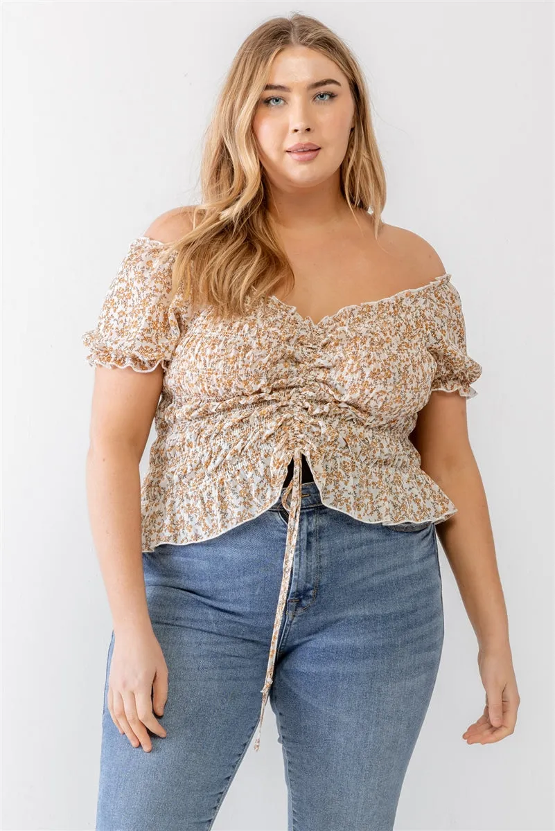 Plus Floral Chiffon Ruched Smocked Off-the-shoulder Top - 4 colors - Ships from The US