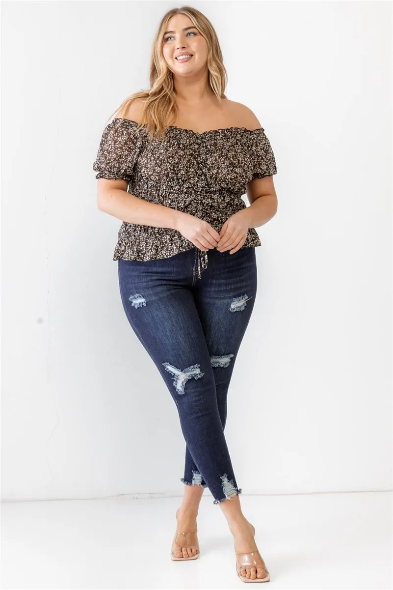 Plus Floral Chiffon Ruched Smocked Off-the-shoulder Top - 4 colors - Ships from The US