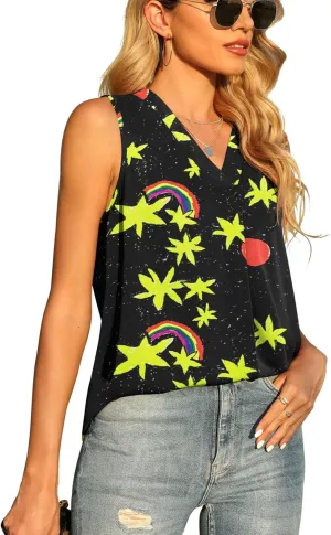 QUEZHU Women's Summer Sleeveless Chiffon Tank Tops Blouse Loose Casual V Neck Blouses Shirt