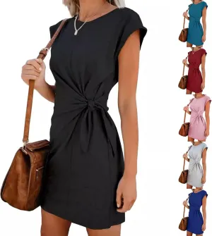Ruched Tie Waist Summer Dress Crewneck Cap Sleeve Mini Dresses Casual Tshirt Bodycon Dress Loose Day Dress