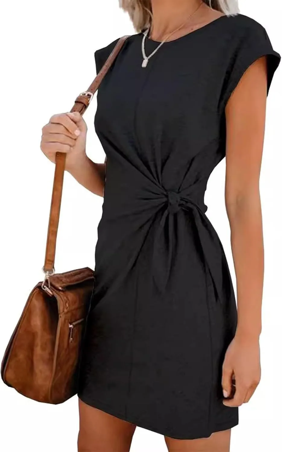 Ruched Tie Waist Summer Dress Crewneck Cap Sleeve Mini Dresses Casual Tshirt Bodycon Dress Loose Day Dress