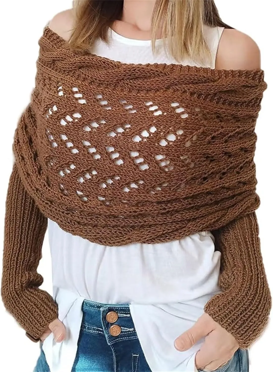 Scarf with Sleeves for Women,Crochet Knitted Cable Shawl Wraps Dressy Cropped Shrug Sweater Scarf Fall Winter Outfits