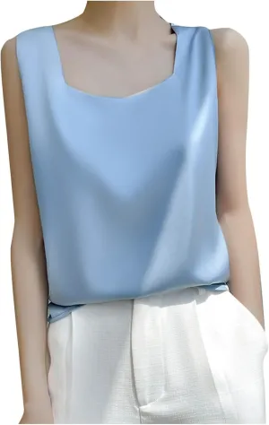 Sleeveless Tops for Women Summer 2025 Loose Silk Tank Top Casual Square Neck Cotton Camisole Women's Satin Tank Top Sleeveless Tops for Women Summer 2025 Loose Silk Tank Top Casual Square Neck Cotton Camisole Women's Satin Tank Top