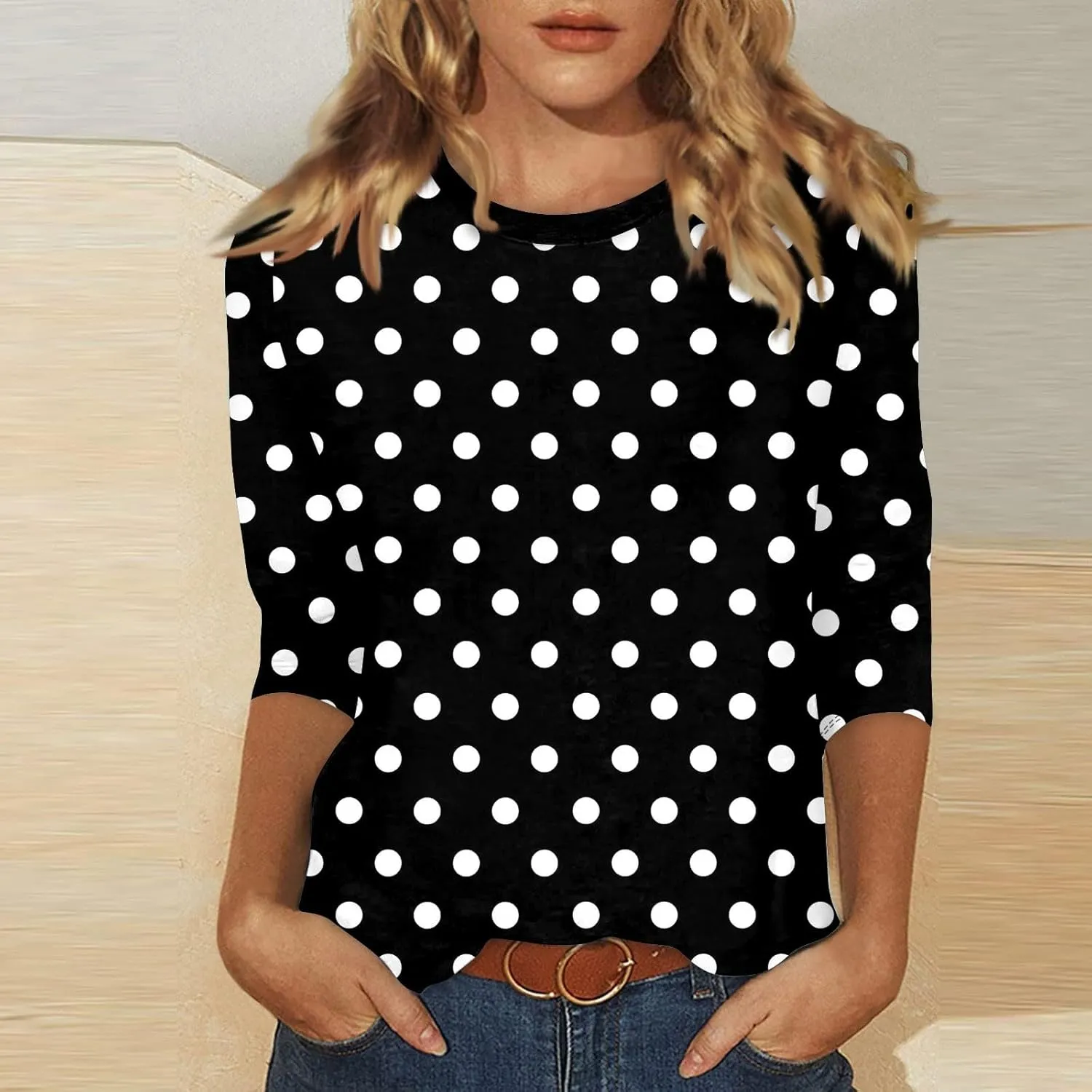 slqdgmryz 3/4 Sleeve Shirts for Women Spring Striped Crewneck Business Casual Tops Loose Three Quarter Length Work Blouses