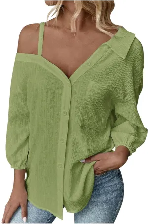 Spaghetti Straps One Shoulder Shirt for Women Button Down Open Loose Fit Solid Color Work Business Blouse Tops 2025