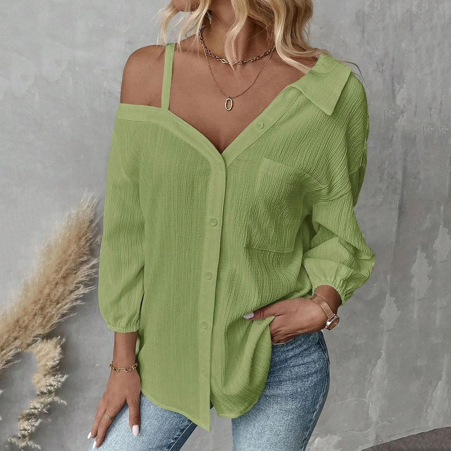 Spaghetti Straps One Shoulder Shirt for Women Button Down Open Loose Fit Solid Color Work Business Blouse Tops 2025