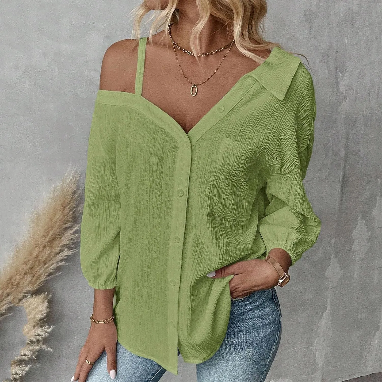 Spaghetti Straps One Shoulder Shirt for Women Button Down Open Loose Fit Solid Color Work Business Blouse Tops 2025