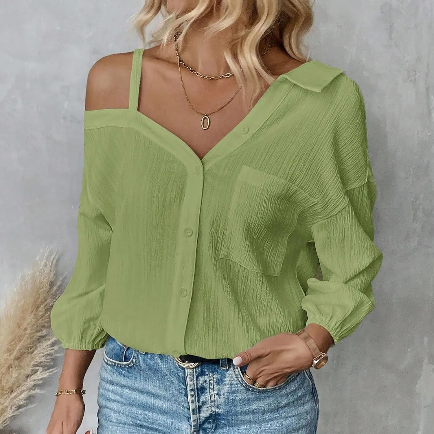 Spaghetti Straps One Shoulder Shirt for Women Button Down Open Loose Fit Solid Color Work Business Blouse Tops 2025