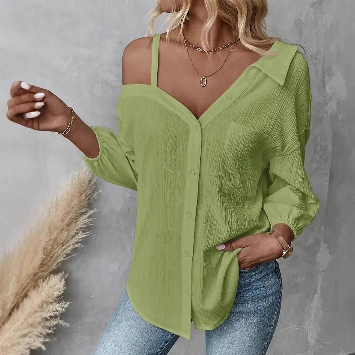 Spaghetti Straps One Shoulder Shirt for Women Button Down Open Loose Fit Solid Color Work Business Blouse Tops 2025