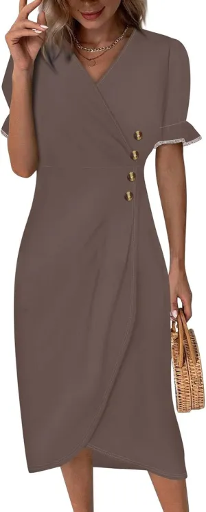 Summer Dresses for Women 2025 Trendy Boho Dress Elegant Beach V Neck Short Sleeve Irregular Hem Midi Sundresses