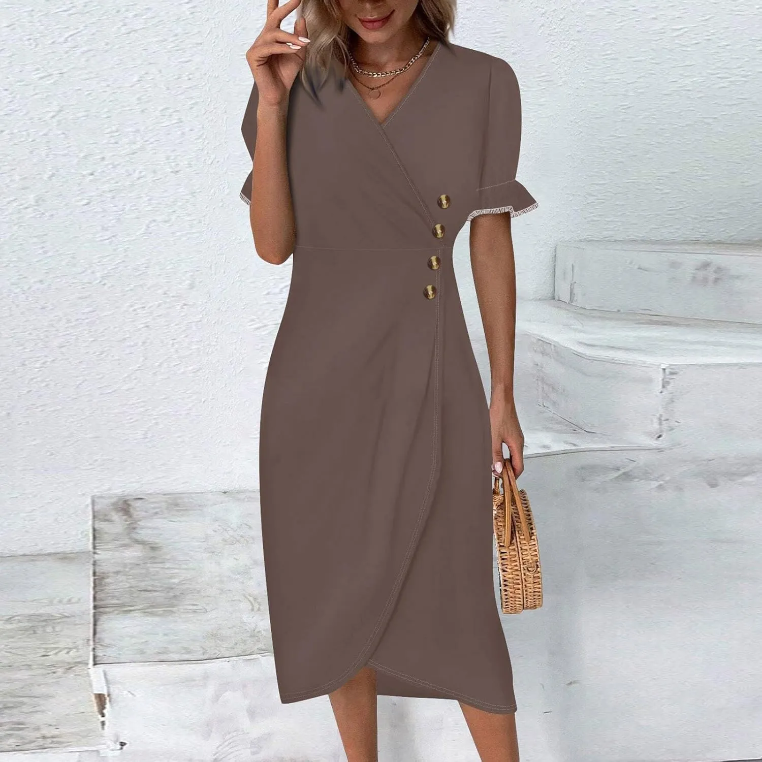 Summer Dresses for Women 2025 Trendy Boho Dress Elegant Beach V Neck Short Sleeve Irregular Hem Midi Sundresses