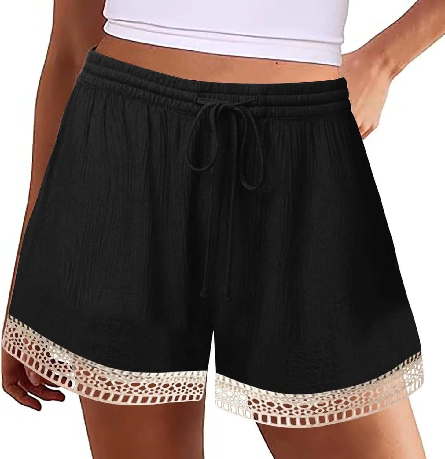 Summer Shorts for Women 2025 Trendy Casual Lace Hem Beach Shorts Plus Size Elastic High Waist Summer Wide Leg Short