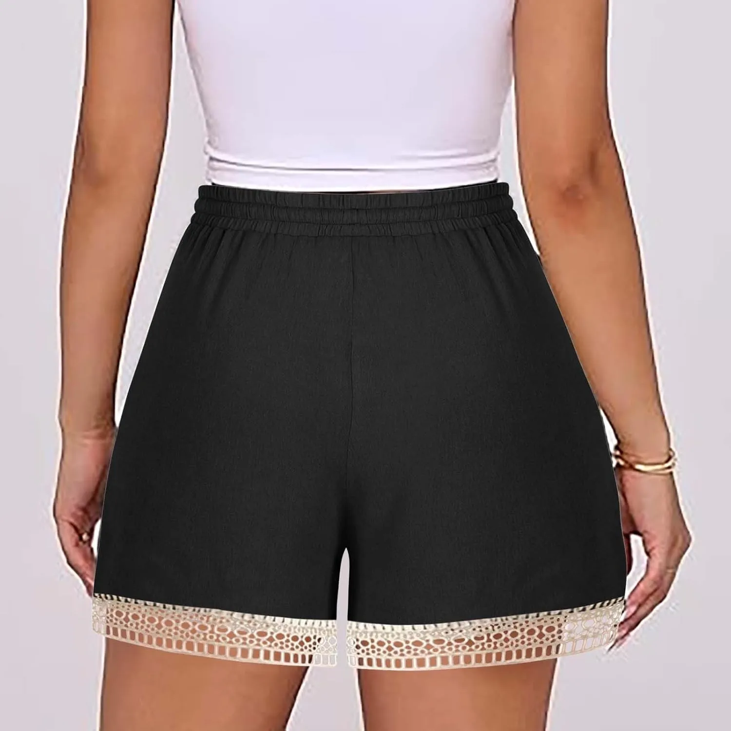 Summer Shorts for Women 2025 Trendy Casual Lace Hem Beach Shorts Plus Size Elastic High Waist Summer Wide Leg Short