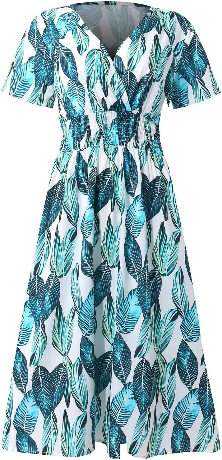 Summer Wrap Dresses for Women 2025 Floral V Neck Knee Length Short Sleeve Dress Hawaiian Boho Wedding Guest Dress