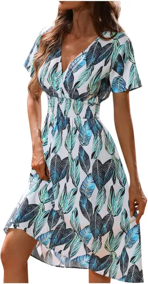 Summer Wrap Dresses for Women 2025 Floral V Neck Knee Length Short Sleeve Dress Hawaiian Boho Wedding Guest Dress