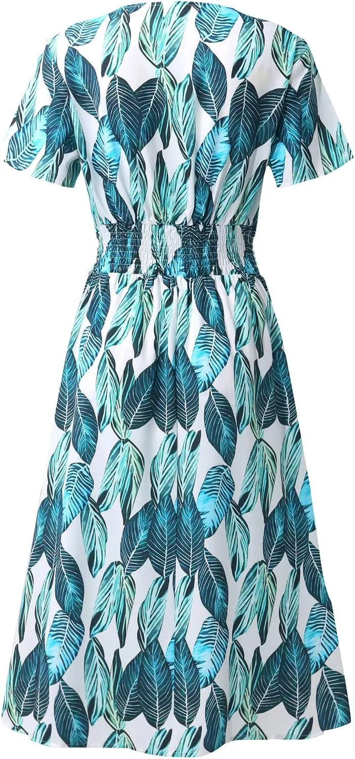 Summer Wrap Dresses for Women 2025 Floral V Neck Knee Length Short Sleeve Dress Hawaiian Boho Wedding Guest Dress