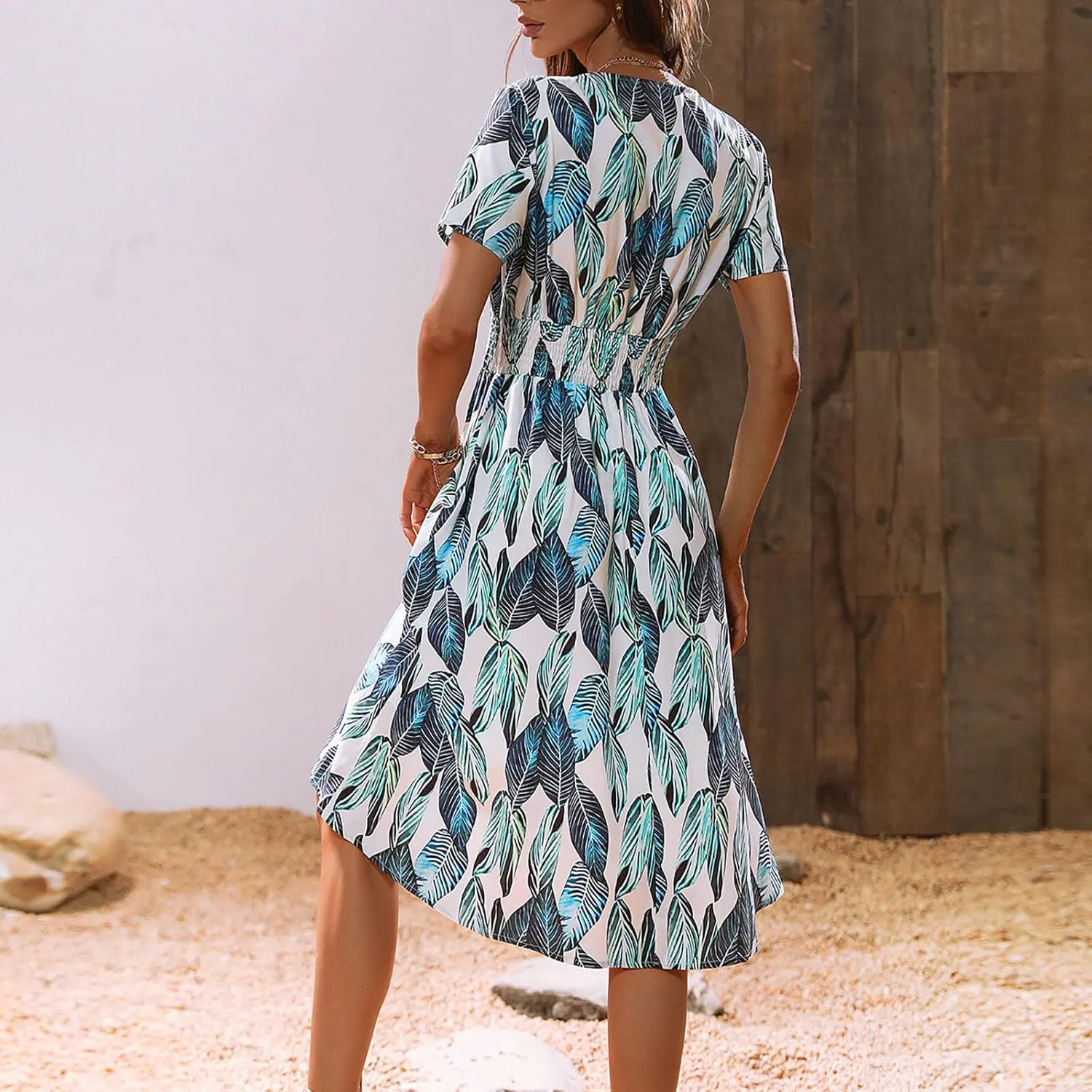 Summer Wrap Dresses for Women 2025 Floral V Neck Knee Length Short Sleeve Dress Hawaiian Boho Wedding Guest Dress