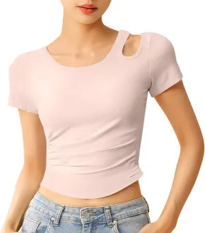 Summer Yoga Tops for Women 2025 Fashion Asymmetric Cut Out Crewneck T Shirt Built in Bra Slim Fit Sports Comfy Tees