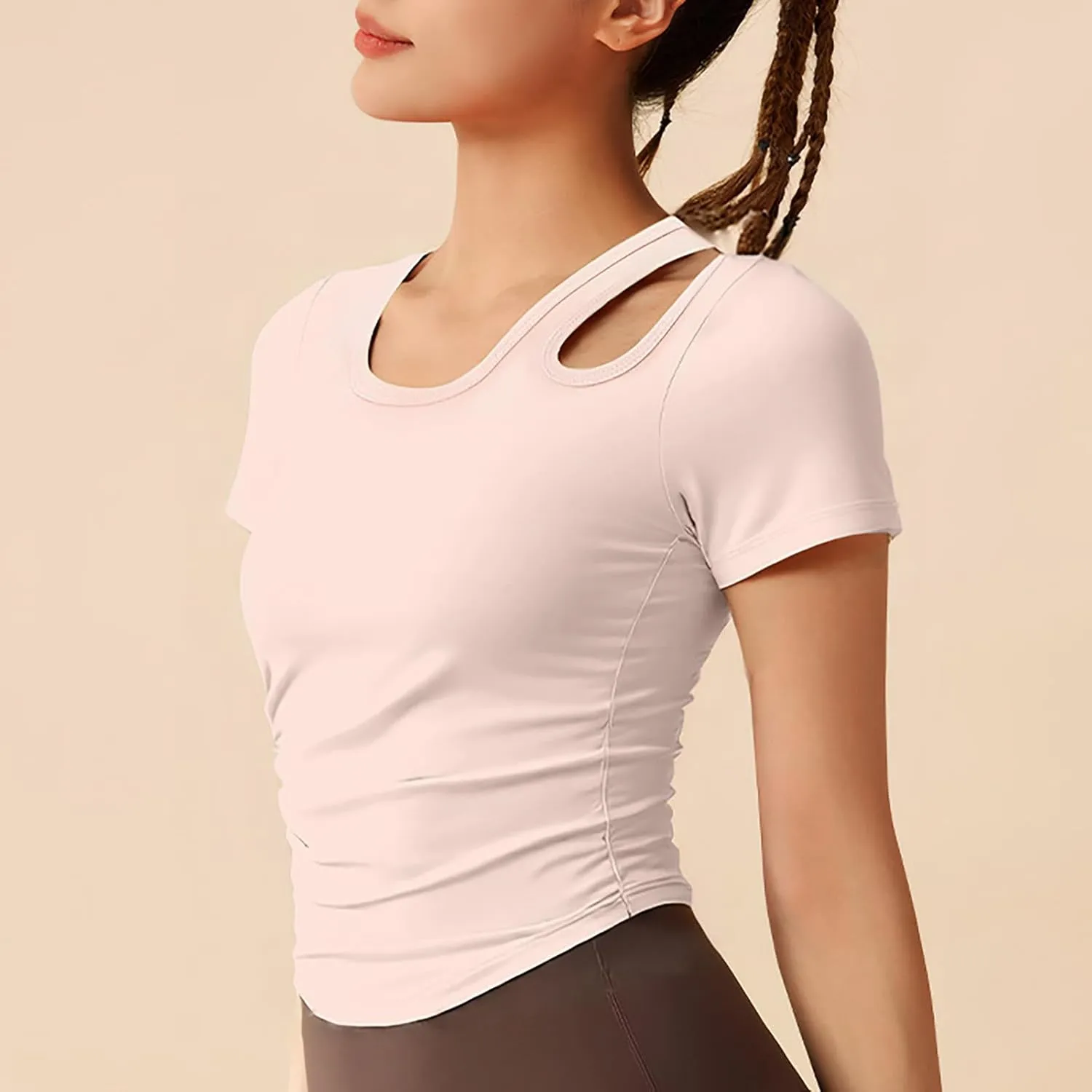 Summer Yoga Tops for Women 2025 Fashion Asymmetric Cut Out Crewneck T Shirt Built in Bra Slim Fit Sports Comfy Tees