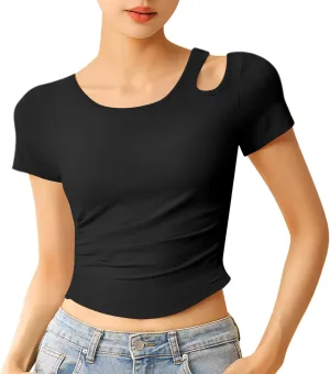 Summer Yoga Tops for Women 2025 Fashion Asymmetric Cut Out Crewneck T Shirt Built in Bra Slim Fit Sports Comfy Tees Summer Yoga Tops for Women 2025 Fashion Asymmetric Cut Out Crewneck T Shirt Built in Bra Slim Fit Sports Comfy Tees