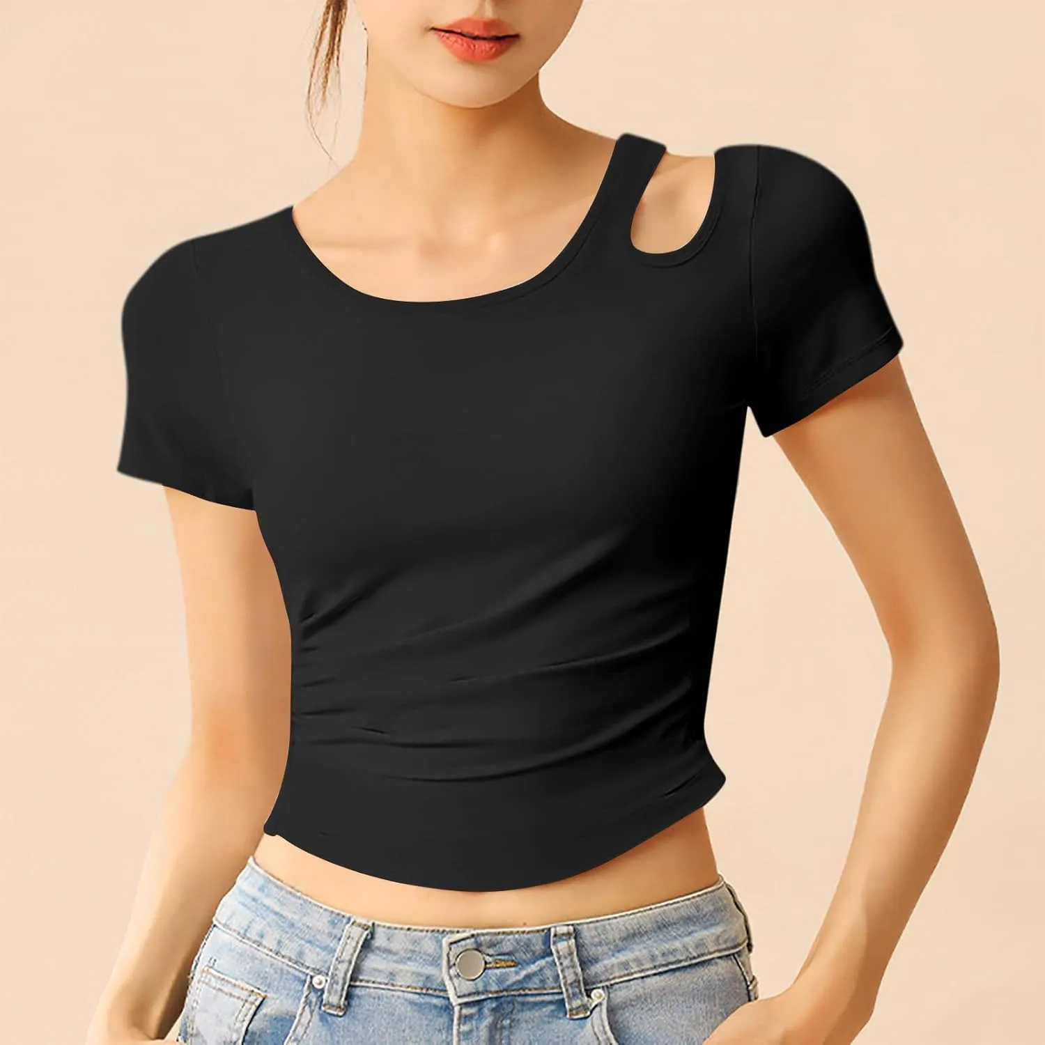 Summer Yoga Tops for Women 2025 Fashion Asymmetric Cut Out Crewneck T Shirt Built in Bra Slim Fit Sports Comfy Tees