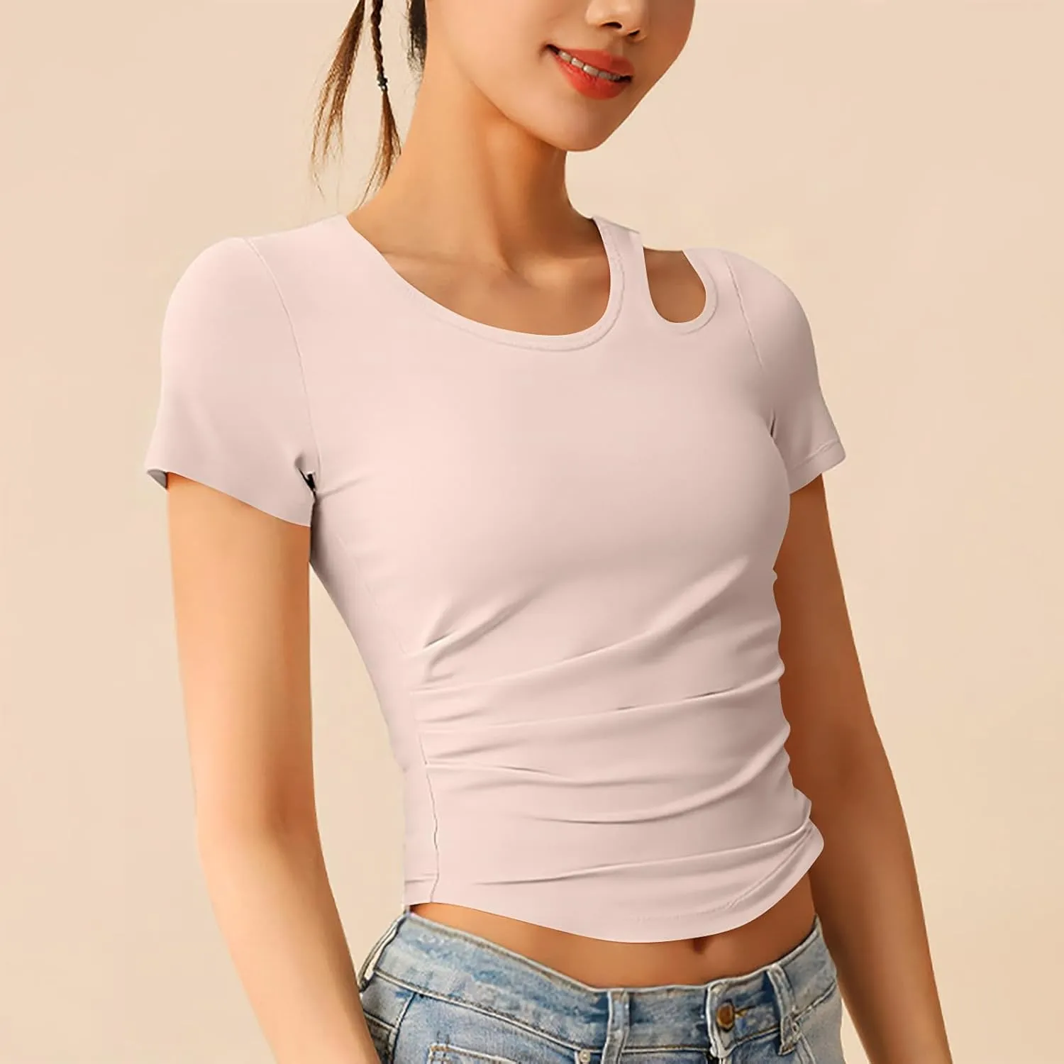 Summer Yoga Tops for Women 2025 Fashion Asymmetric Cut Out Crewneck T Shirt Built in Bra Slim Fit Sports Comfy Tees