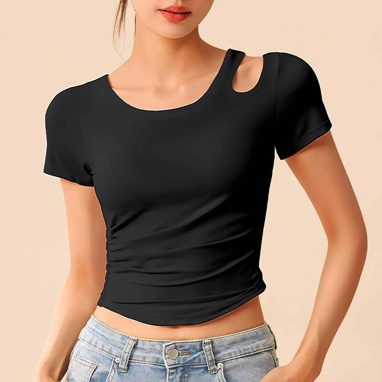 Summer Yoga Tops for Women 2025 Fashion Asymmetric Cut Out Crewneck T Shirt Built in Bra Slim Fit Sports Comfy Tees
