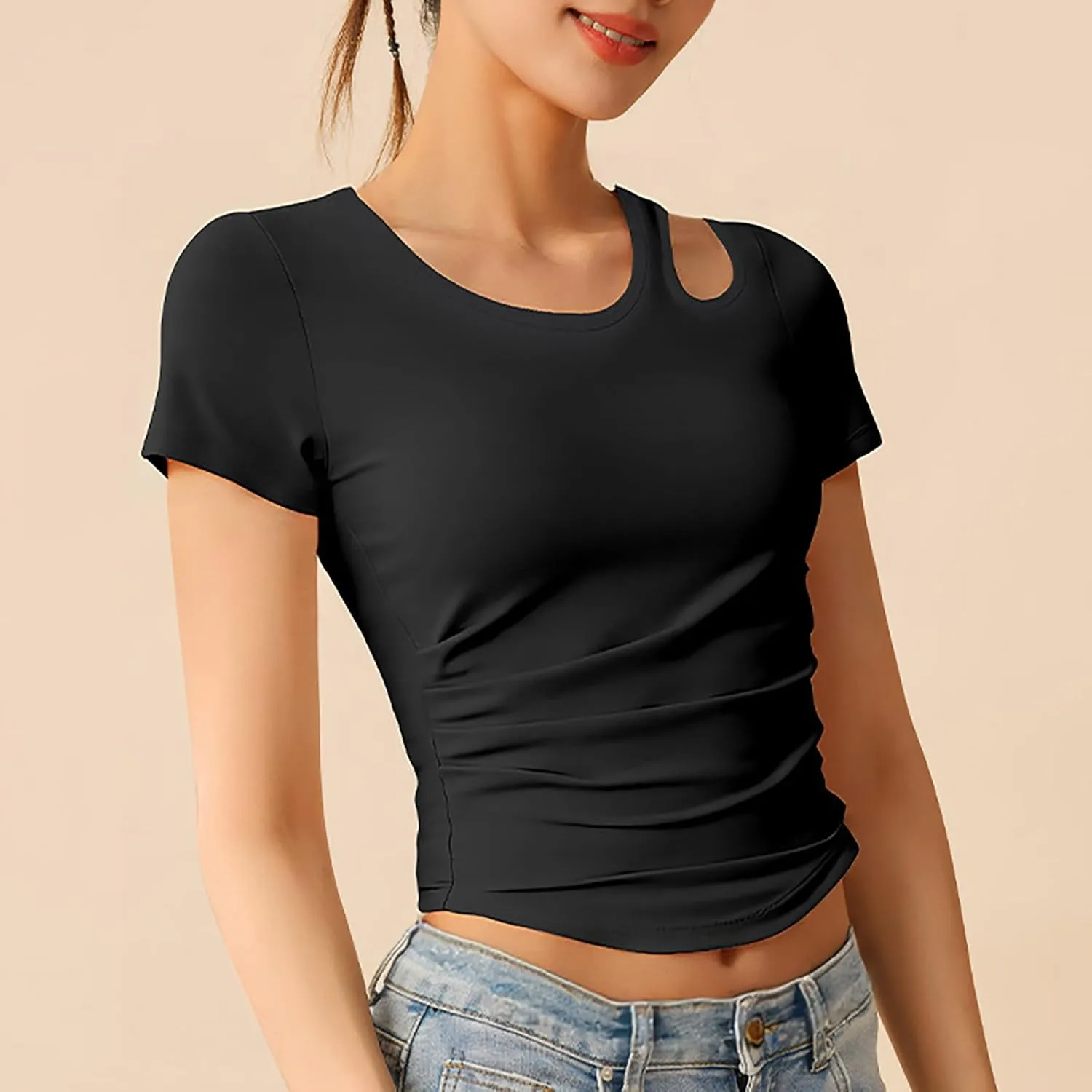 Summer Yoga Tops for Women 2025 Fashion Asymmetric Cut Out Crewneck T Shirt Built in Bra Slim Fit Sports Comfy Tees