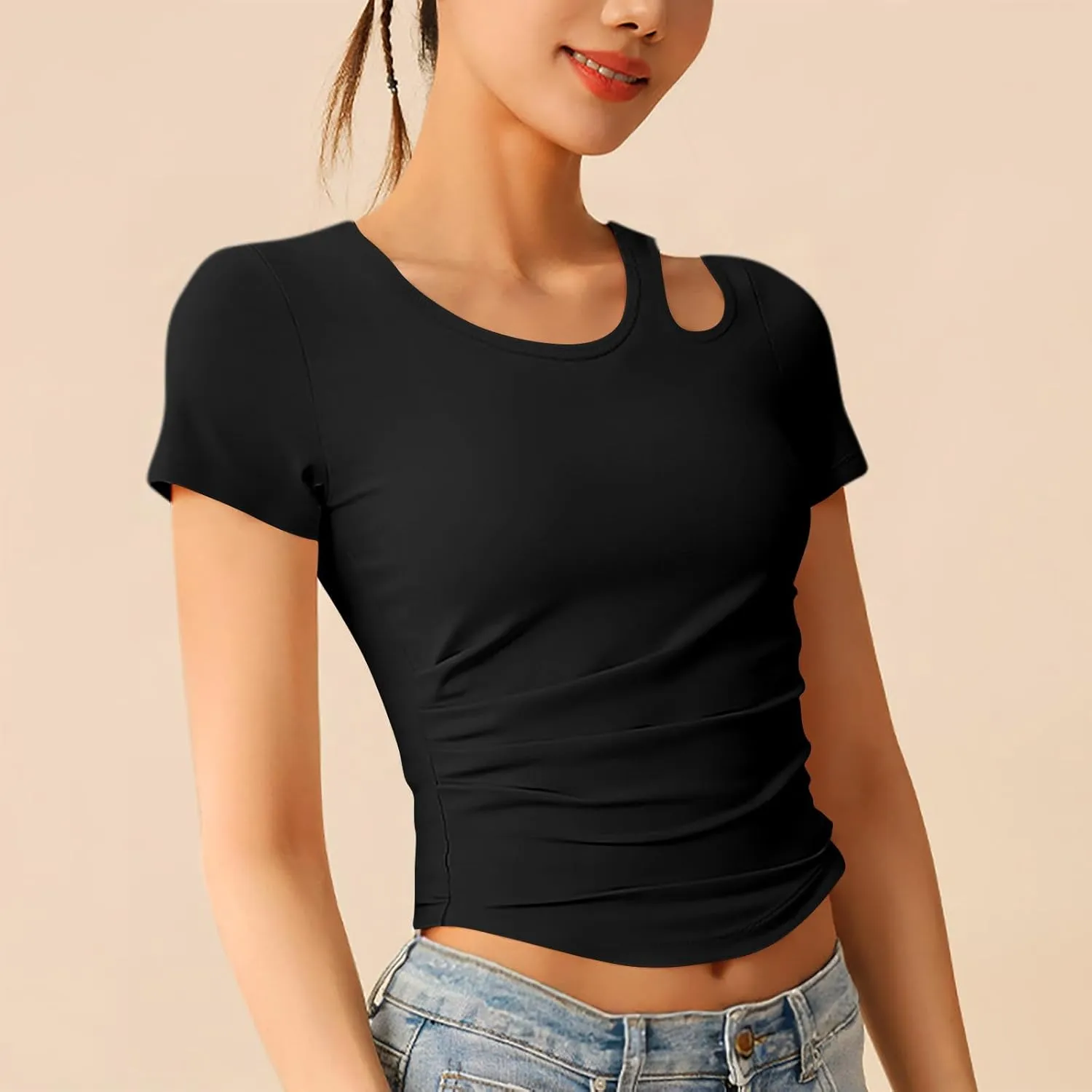 Summer Yoga Tops for Women 2025 Fashion Asymmetric Cut Out Crewneck T Shirt Built in Bra Slim Fit Sports Comfy Tees